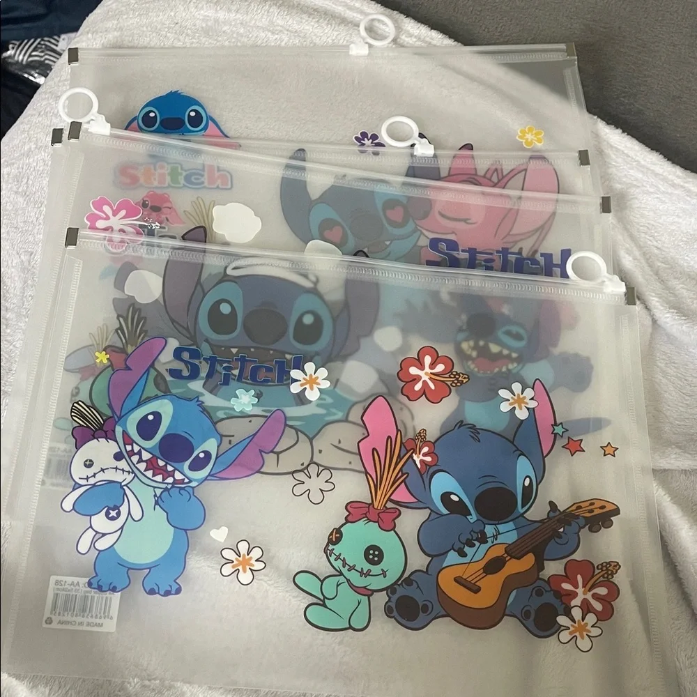 Stitch Themed large Transparent Pouches folders new set of 4 plastic vinyl